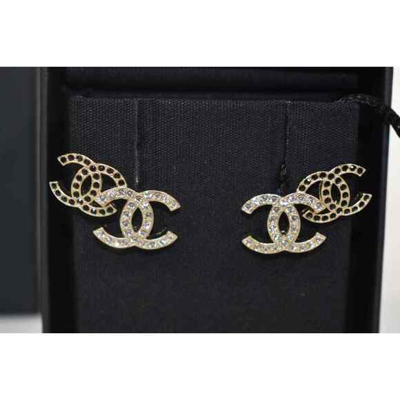 Chanel 22B Gold Black Crystal CC Double Logo Large Dangle Statement Stud Earring - Picture 1 of 12